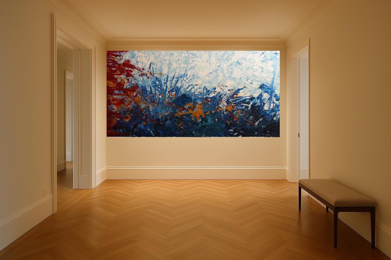 הדמיה: הציור 'גל וניצוץ' תלוי בקיר מסדרון ארוך ומרשים