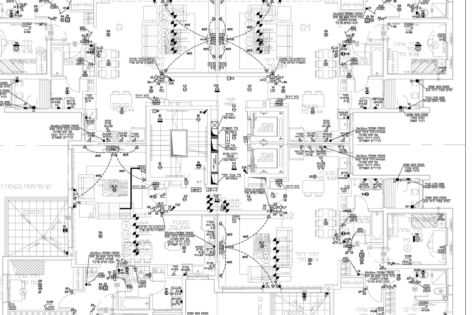 תוכנית חשמל ותאורה בשרטוט אוטוקאד, קומת מגורים עם סימוני נקודות חשמל, גופי תאורה, גבהים ומידות