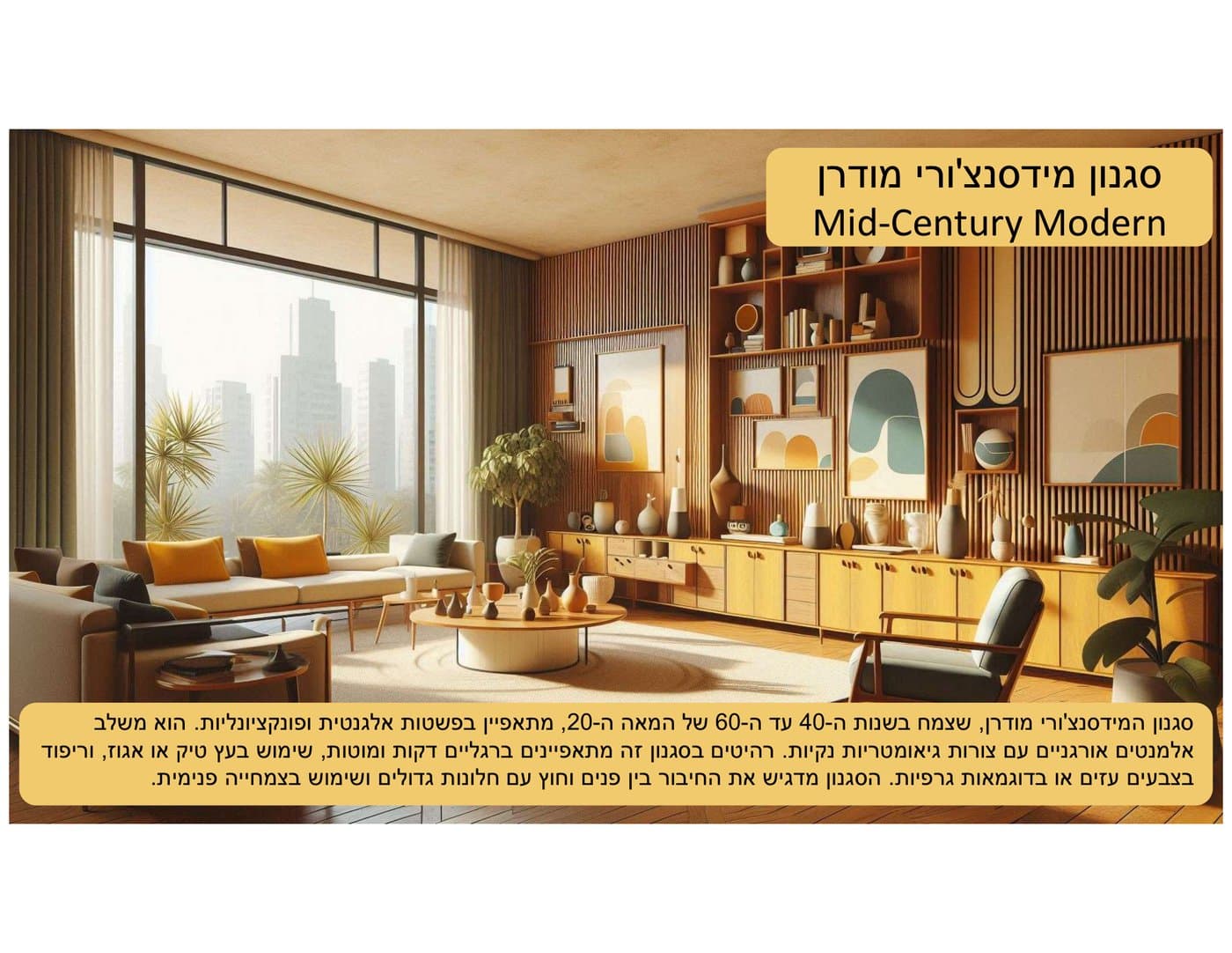 סלון בסגנון מיד-סנצ'ורי מודרן, ריהוט עץ בהיר וחלונות מרצפה עד תקרה