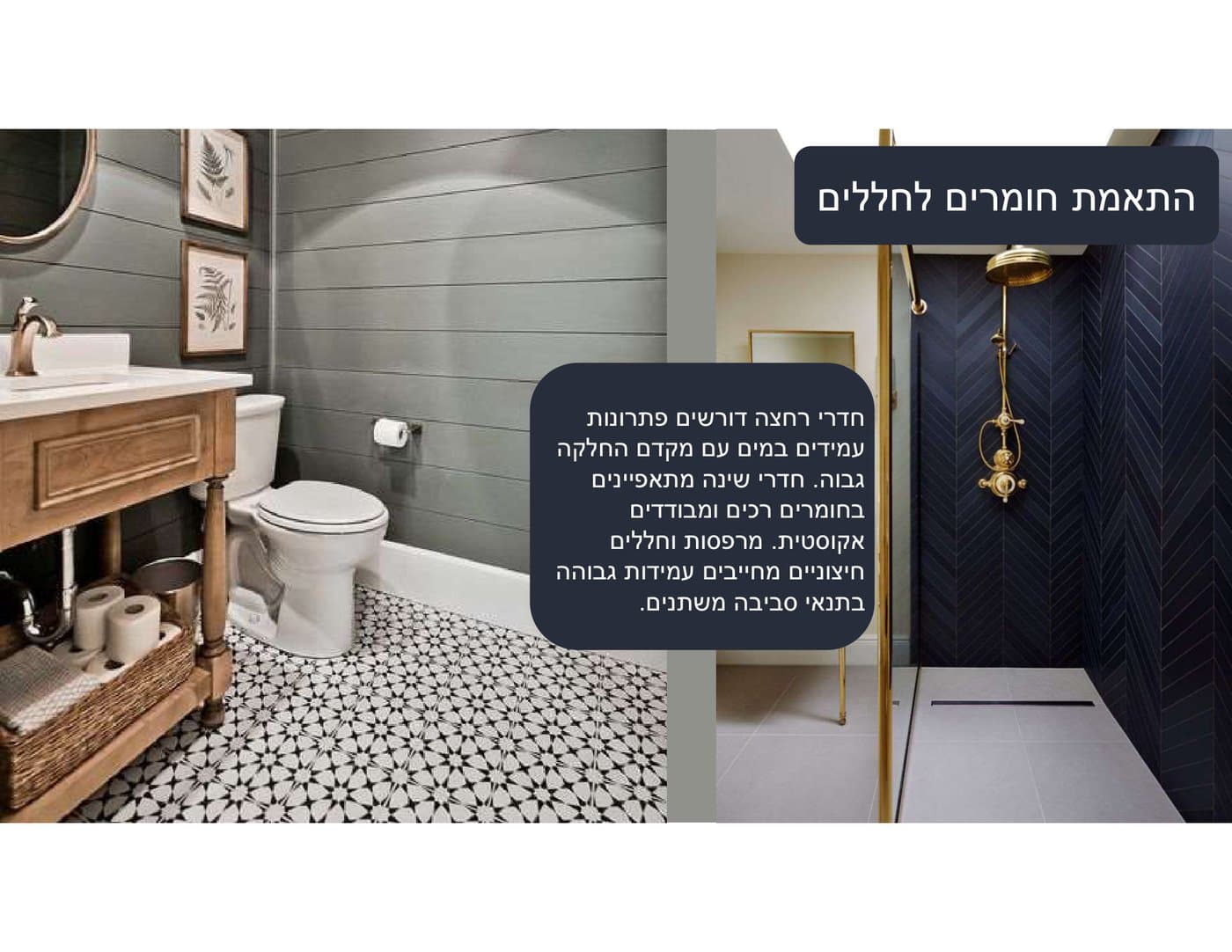 חדר רחצה עם ריצוף אריחים מעוטר וחיפוי קיר בדוגמת הרינגבון