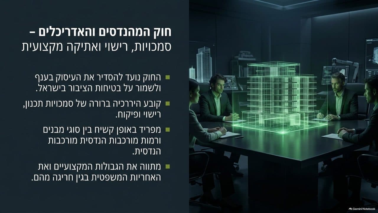 שקופית הפתיחה של מצגת השיעור: חוק המהנדסים והאדריכלים - סמכויות, רישוי ואתיקה מקצועית