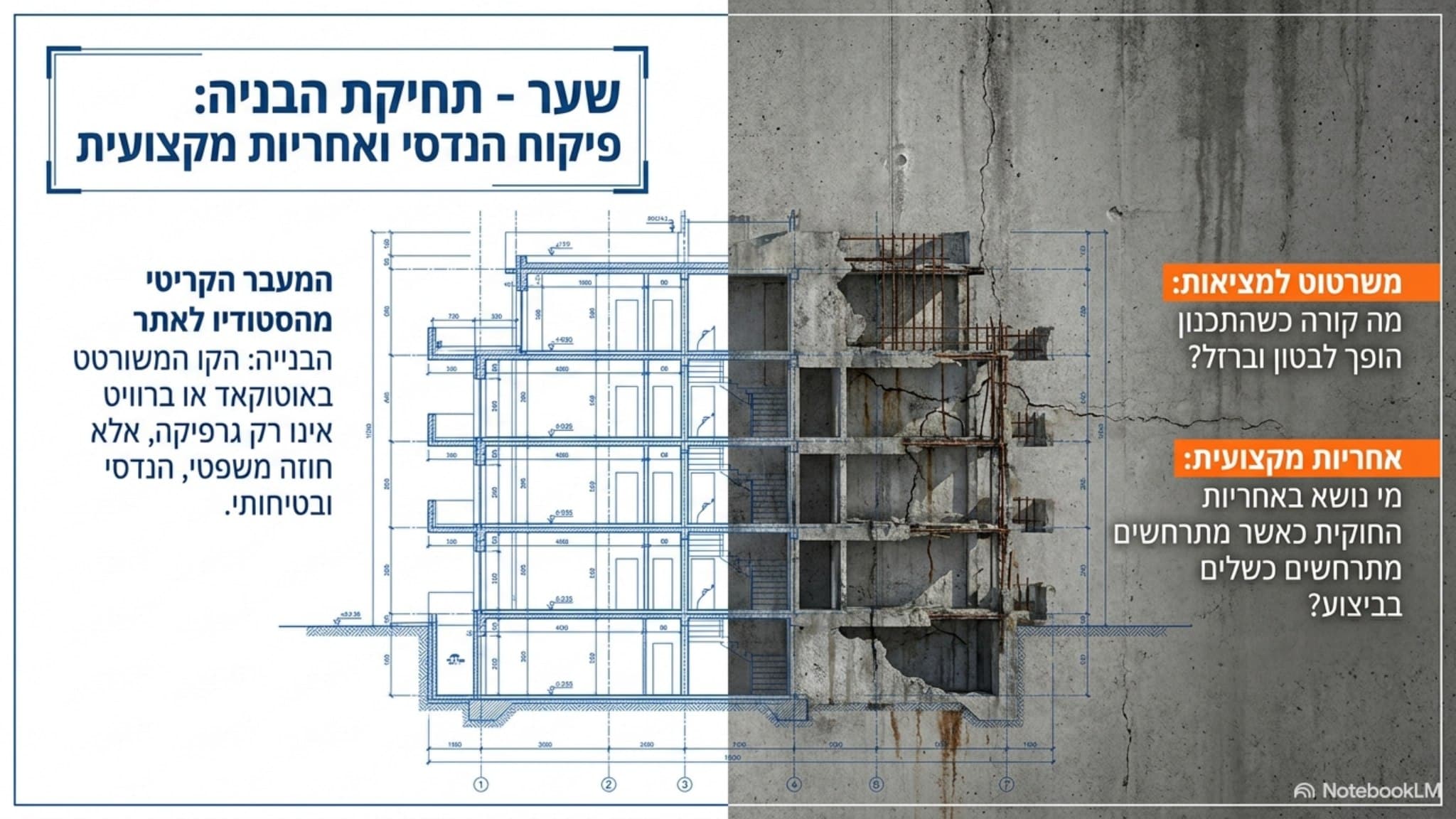 שקופית שער "פיקוח הנדסי ואחריות מקצועית" עם שרטוט חתך מבנה וקיר בטון סדוק