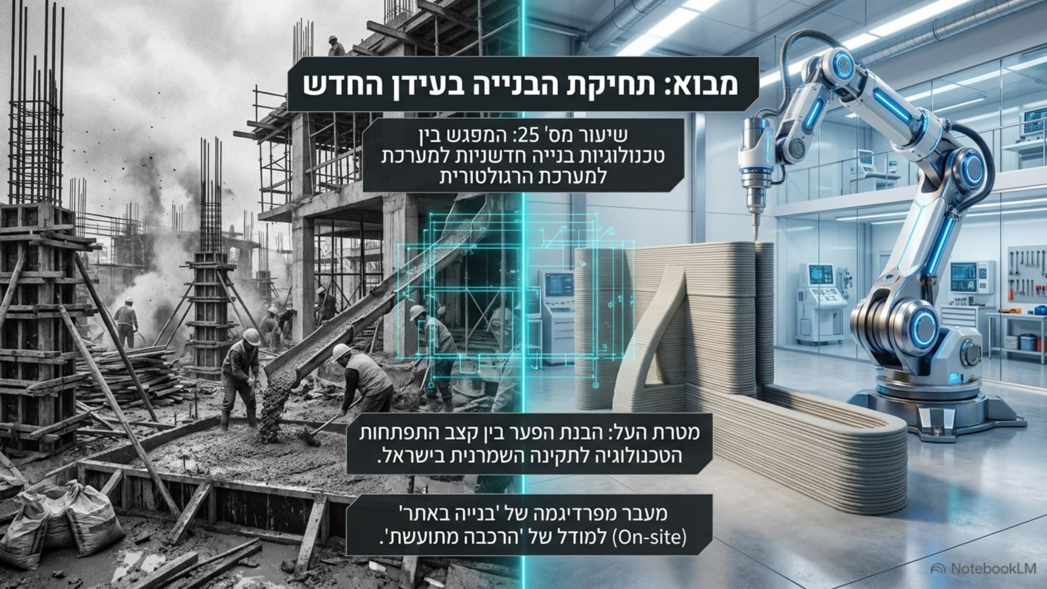 שקופית שער המראה אתר בנייה מסורתי בשחור-לבן מול זרוע רובוטית מדפיסה בטון