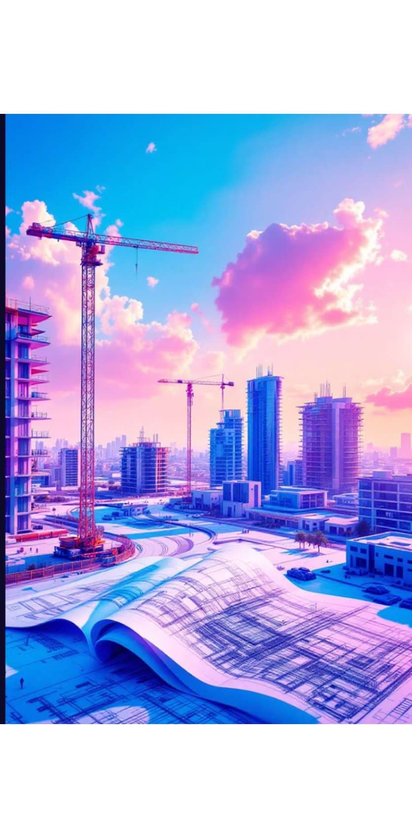 מנוף ואתר בנייה בשלבי היתר, עם תוכניות בנייה ברקע