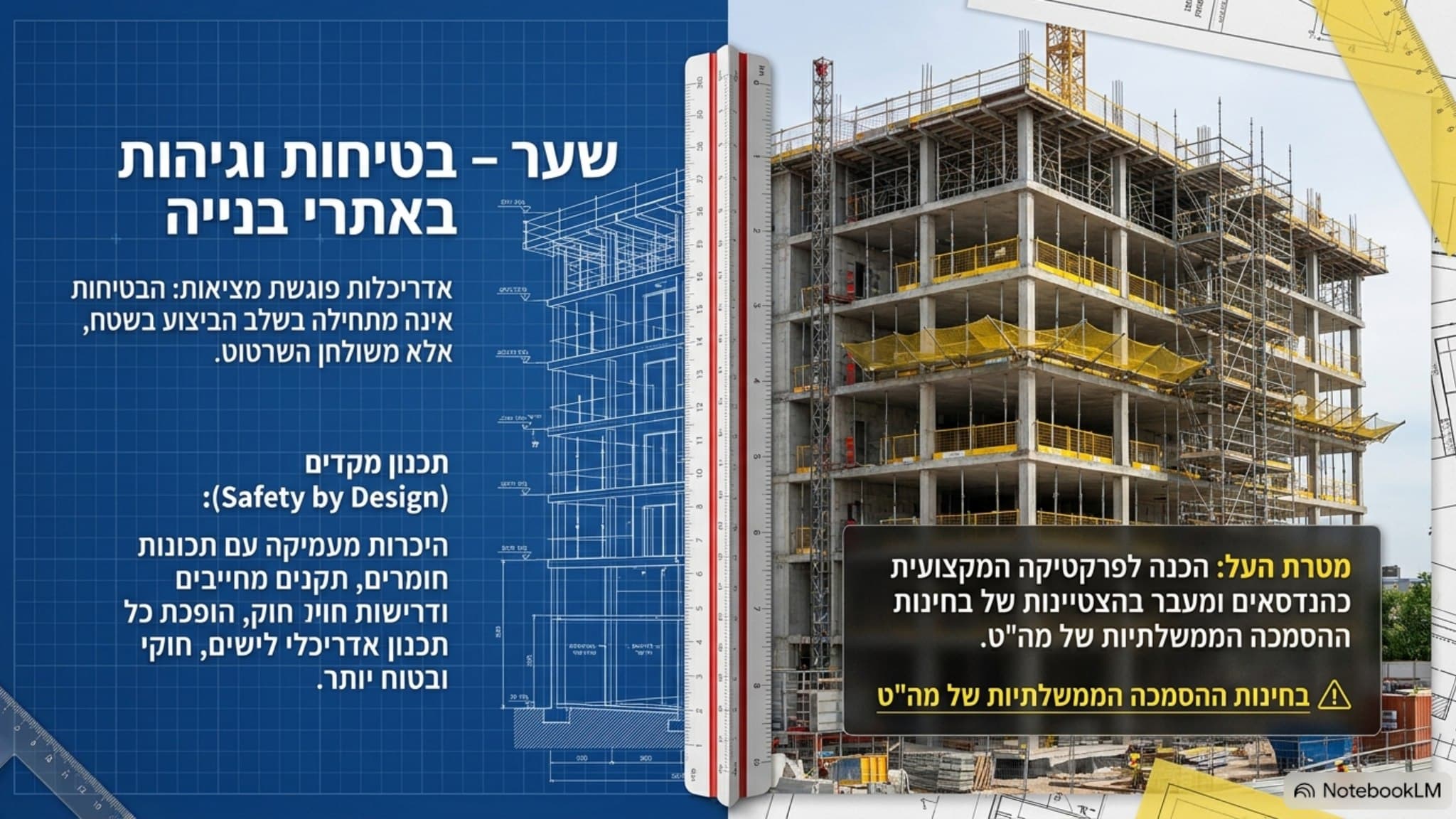 שקופית שער "בטיחות וגיהות באתרי בנייה" עם צילום בניין בהקמה וקסדת בטיחות