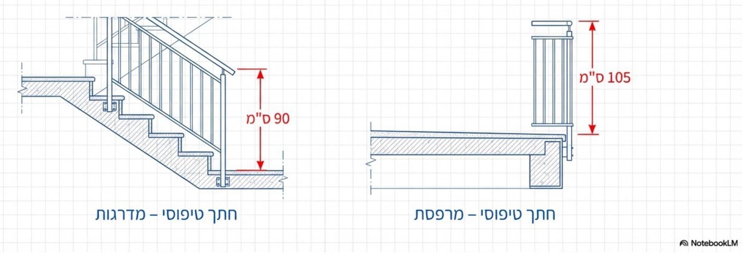 שרטוט חתך טכני המראה את גובה המעקה התקני: 90 ס"מ במהלך מדרגות ו-105 ס"מ במרפסת אופקית, לפי ת"י 1142