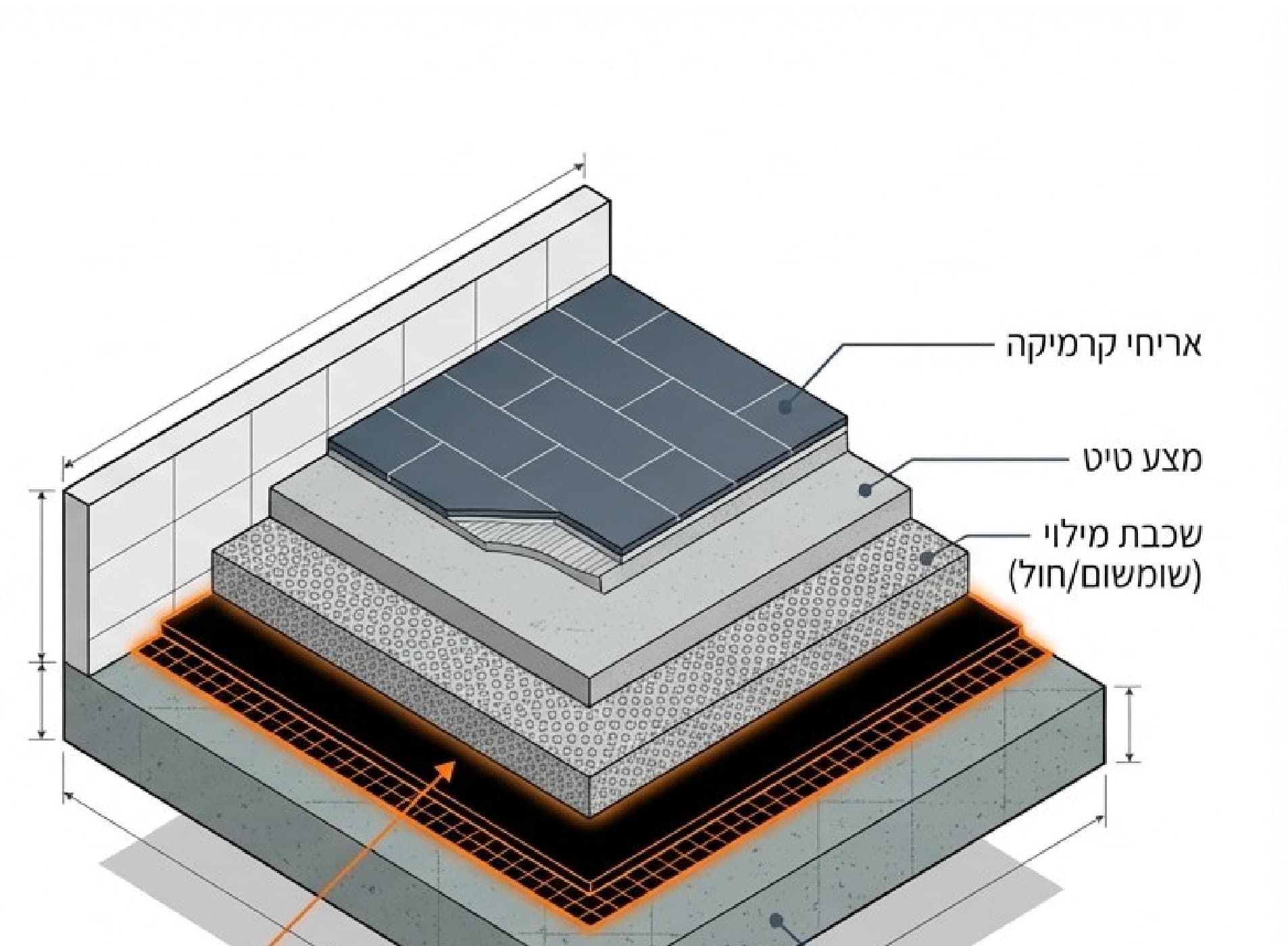 דיאגרמה איזומטרית של שכבות ריצוף בחדר רטוב: אריחי קרמיקה, מצע טיט, שכבת מילוי ושכבת איטום קריטית מודגשת בכתום