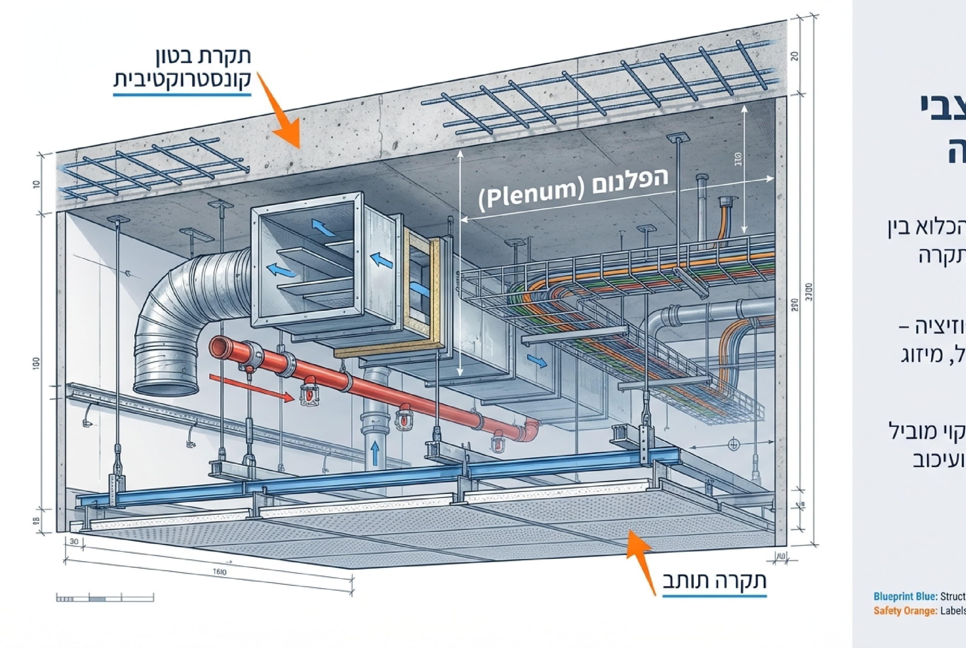 חתך איזומטרי של חלל פלנום מעל תקרה אקוסטית, עם תעלת מיזוג, סולם כבלים וצנרת ספרינקלרים אדומה בין תקרת הבטון לתקרה הקלה