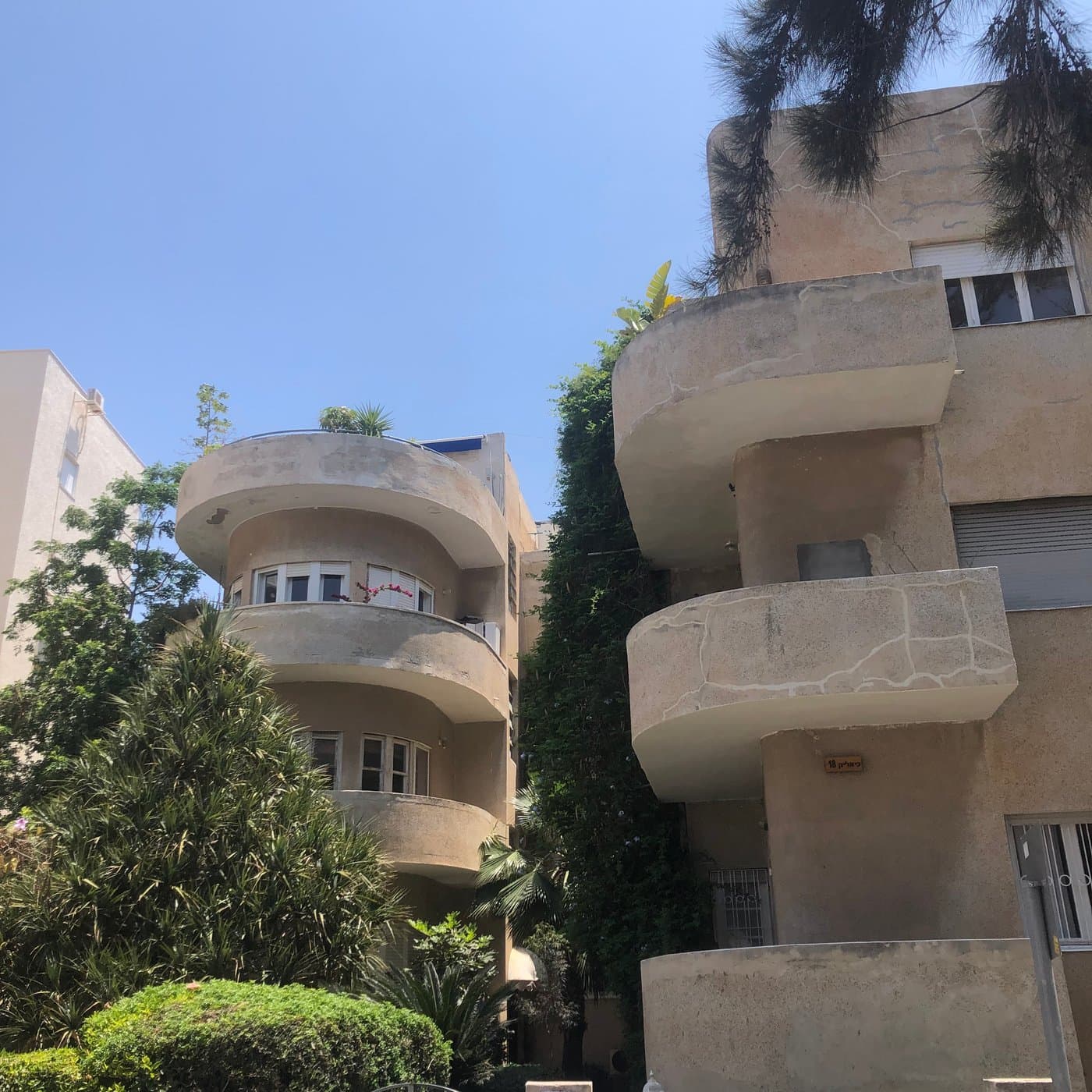 שני בנייני באוהאוס בגוון בז' זה לצד זה עם מספר בית 18, מרפסות מעוגלות וטיח סדוק, גינה ירוקה עם דקלים ושיחים