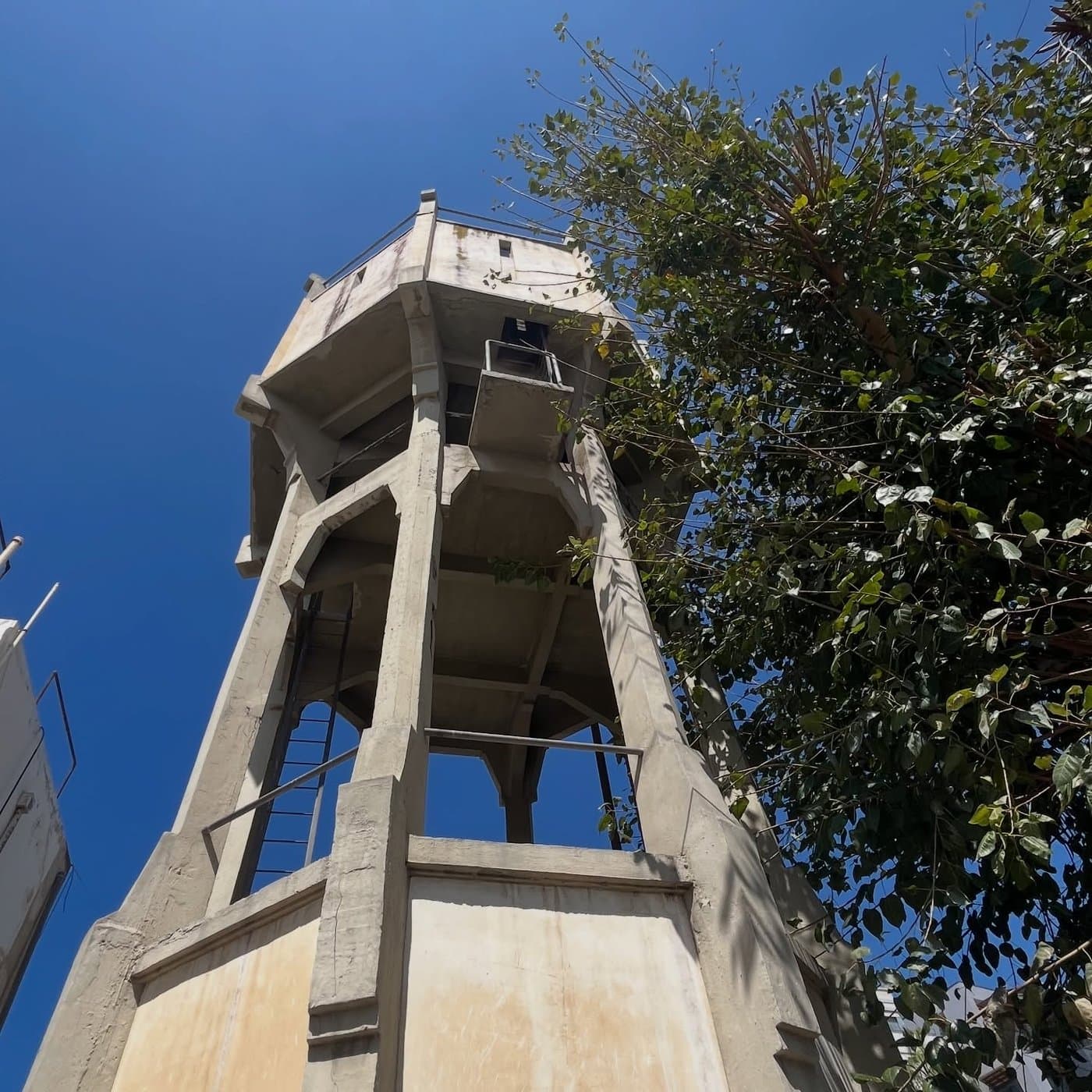 מגדל ישן מבטון בצורה משושה עם סולם פנימי, עץ ירוק לצדו על רקע שמיים כחולים